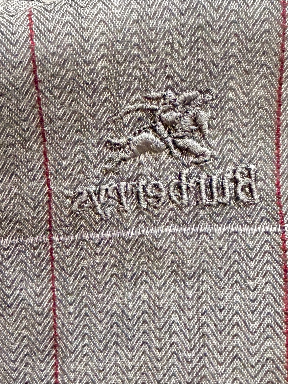 Burberry’s Grey Windowpane Herringbone Pocket Square with Red Purple & Blue Line - Picture 11 of 13